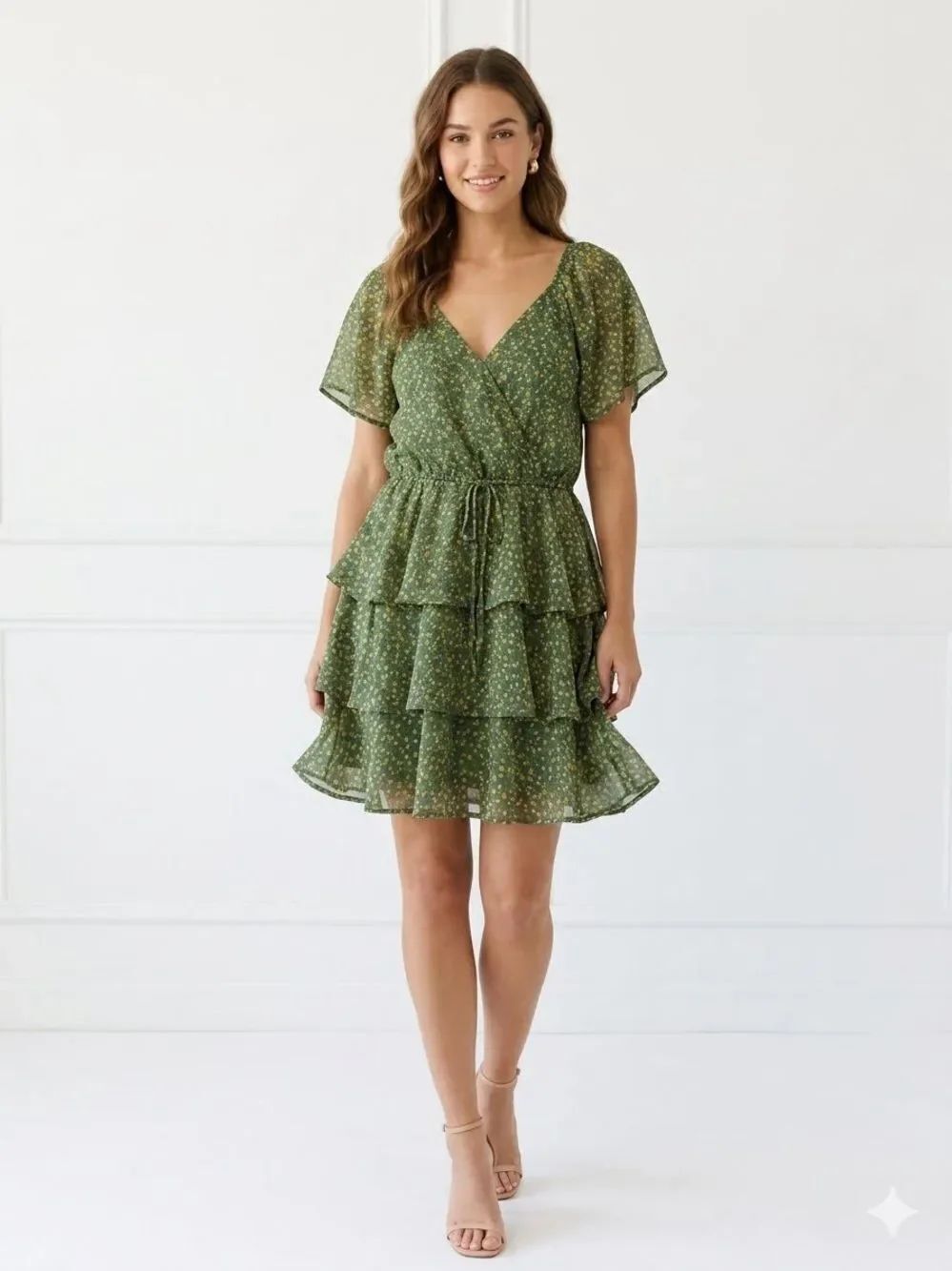Trixxi Green yellow ditzy floral Tiered Ruffle V-Neck Dress 2x Cottagecore